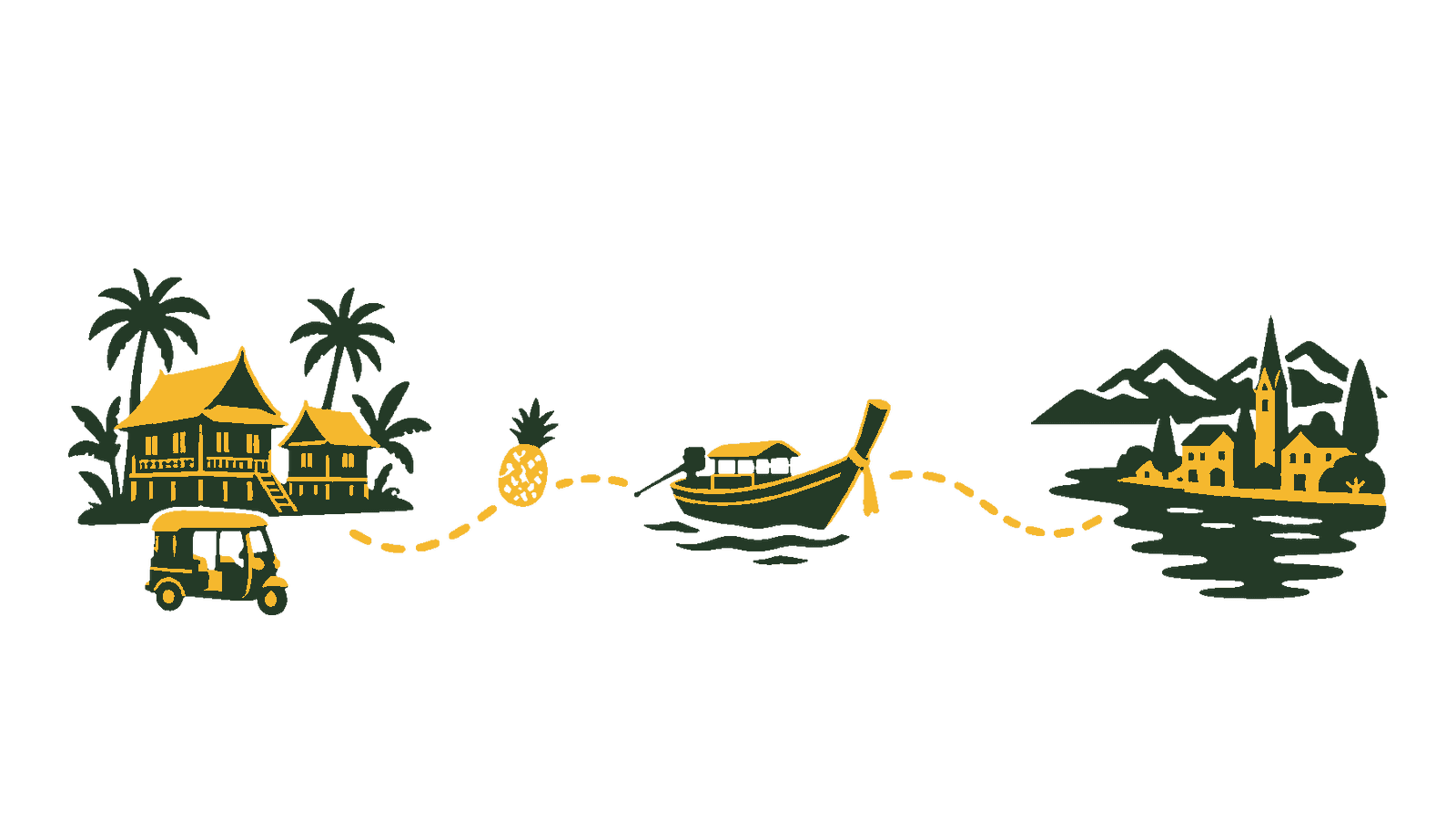 Illustrierte Route: von einem Dorf mit Palmen und Tuk-Tuk über eine Ananas und ein Longtail-Boot bis nach Kreuzlingen am Bodensee