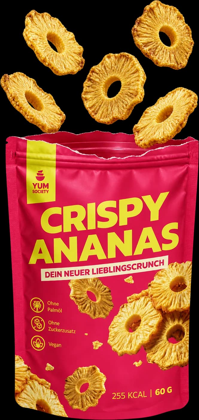Crispy Ananas 60 g — aufgerissener Beutel, Ananasringe fliegen heraus